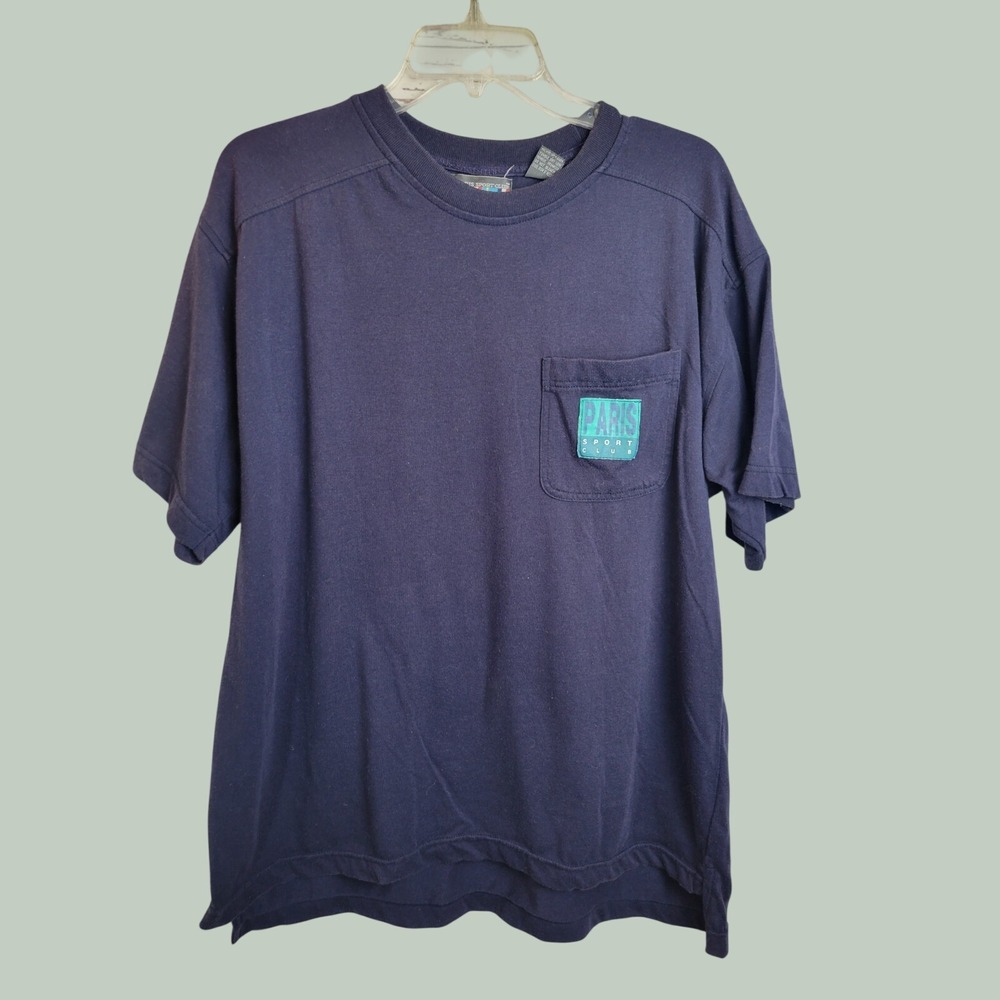 Paris Sport Club T-Shirt Vintage 90s Streetwear Pocket Tee Navy Blue Mens Large